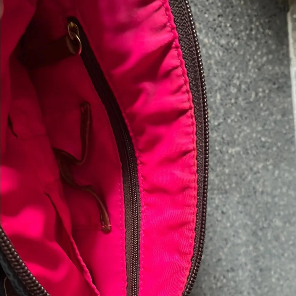 Dooney & Bourke Black Handbag with Brown Leather Strap and Hot Pink Interior - Picture 14 of 16